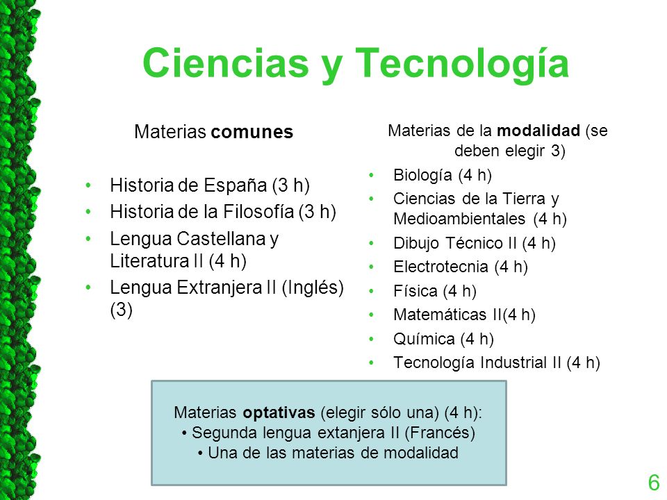 Ciencias y Tecnología Materias comunes Historia de España (3 h) Historia de la Filosofía (3 h) Lengua Castellana y Literatura II (4 h) Lengua Extranjera II (Inglés) (3) Materias de la modalidad (se deben elegir 3) Biología (4 h) Ciencias de la Tierra y Medioambientales (4 h) Dibujo Técnico II (4 h) Electrotecnia (4 h) Física (4 h) Matemáticas II(4 h) Química (4 h) Tecnología Industrial II (4 h) 6 Materias optativas (elegir sólo una) (4 h): Segunda lengua extanjera II (Francés) Una de las materias de modalidad