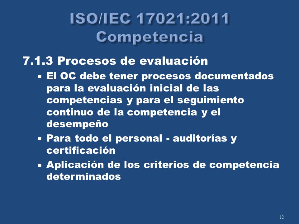 Procesos de evaluación El OC debe tener procesos documentados para la evaluación inicial de las competencias y para el seguimiento continuo de la competencia y el desempeño Para todo el personal - auditorías y certificación Aplicación de los criterios de competencia determinados