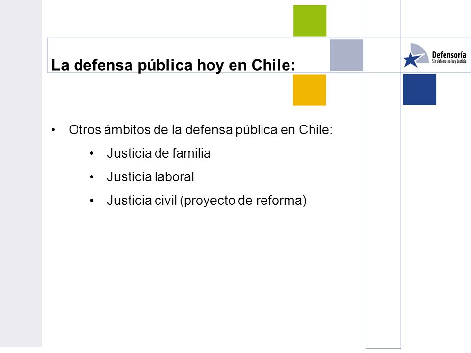 La defensa pública hoy en Chile: Otros ámbitos de la defensa pública en Chile: Justicia de familia Justicia laboral Justicia civil (proyecto de reforma)