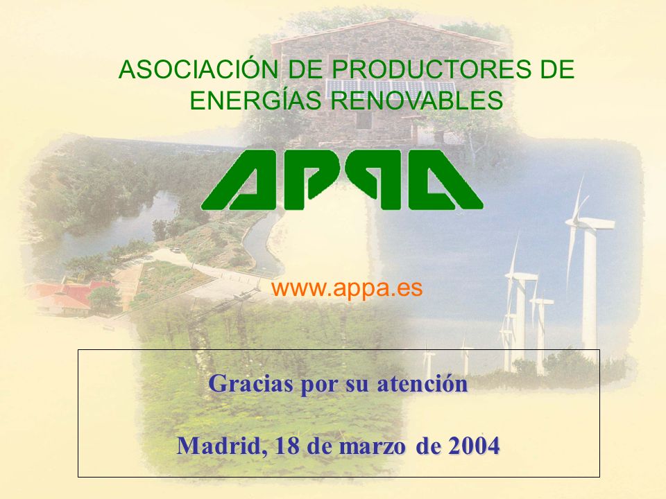 Gracias por su atención Madrid, 18 de marzo de 2004 ASOCIACIÓN DE PRODUCTORES DE ENERGÍAS RENOVABLES