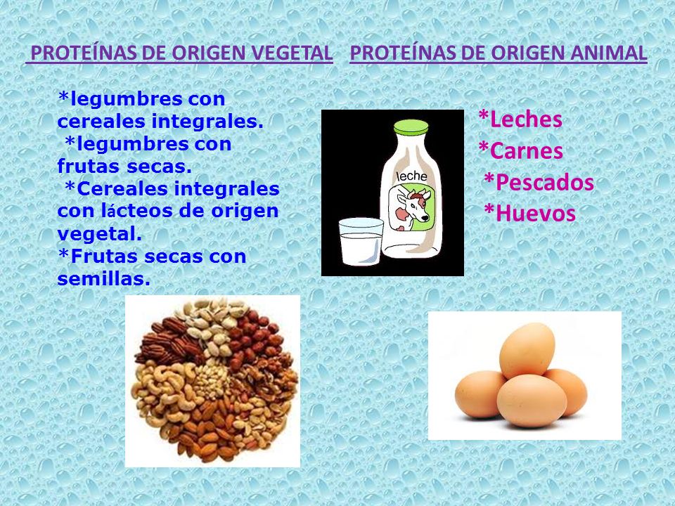 PROTEÍNAS DE ORIGEN VEGETALPROTEÍNAS DE ORIGEN ANIMAL *legumbres con cereales integrales.