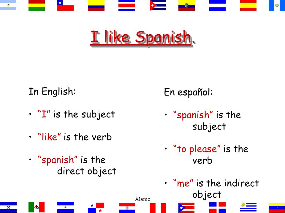 Por ejemplo: In English we say: I like Spanish. En español decimos: (Me gusta el español) To me, Spanish is pleasing. Álamo