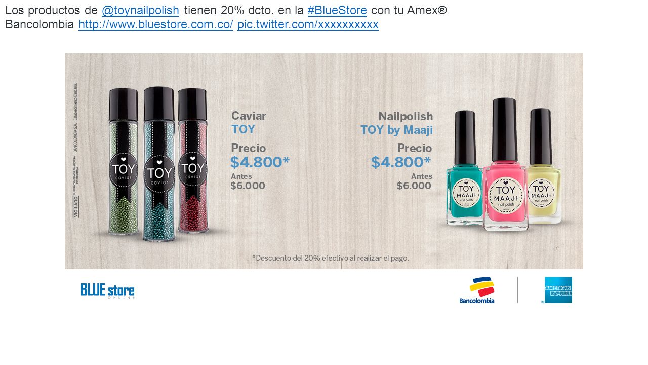 En la #BlueStore encuentras marcas como #IM y #Biji, con 20% dcto. con tu  Amex® Bancolombia pic.twitter.com/xxxxxxxxxx#BlueStore#IM#Bijihttp:// - ppt  descargar