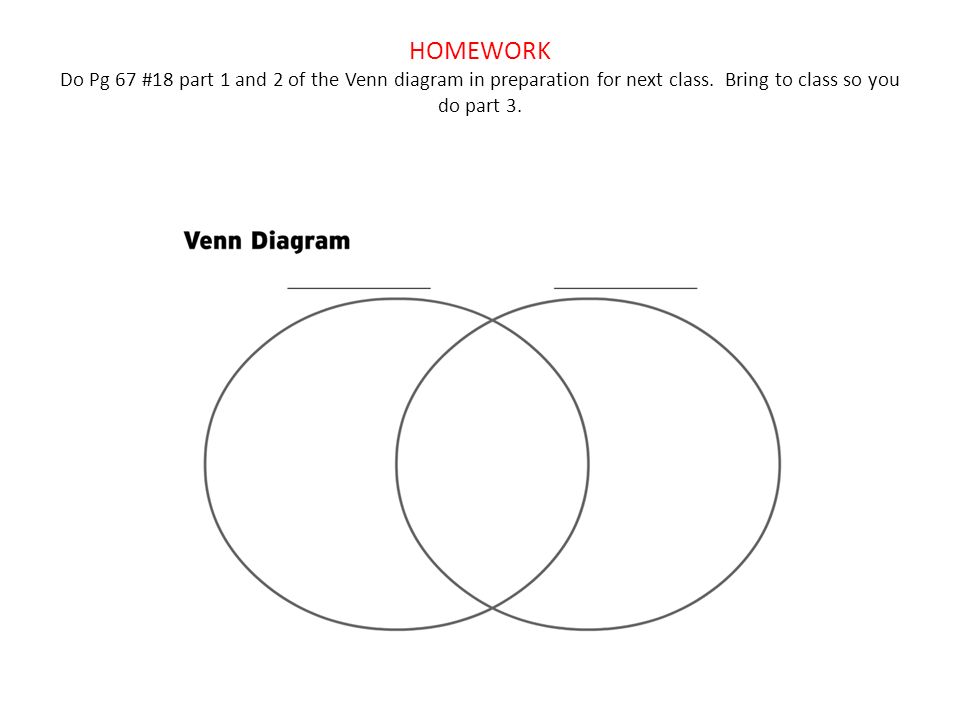 HOMEWORK Do Pg 67 #18 part 1 and 2 of the Venn diagram in preparation for next class.