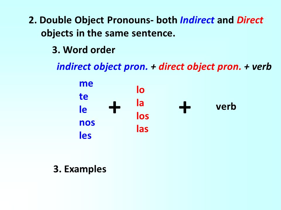 1. Double Object Pronouns 2. Indirect Objects 3. tell to whom or for ...