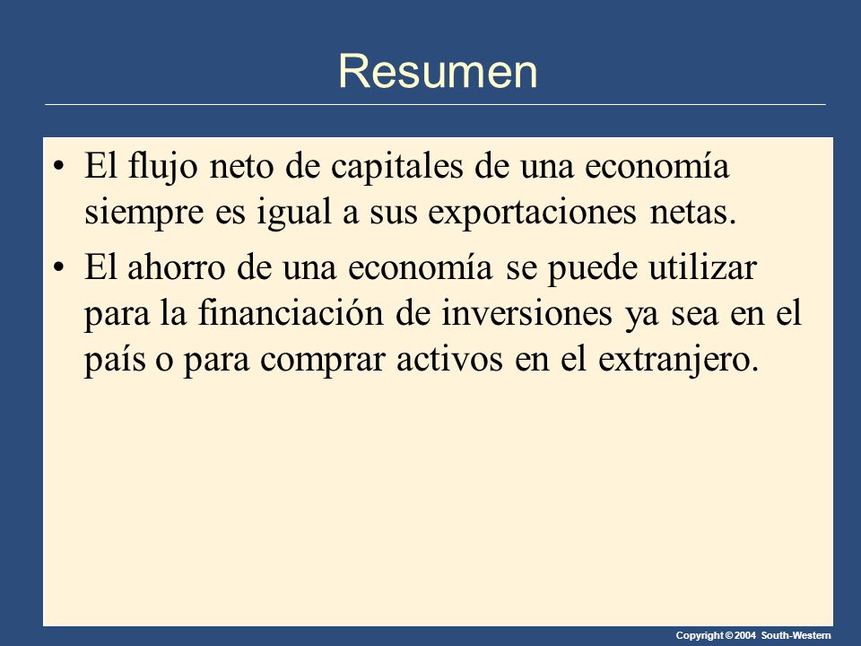 Copyright © 2004 South-Western El flujo neto de capitales de una economía siempre es igual a sus exportaciones netas.