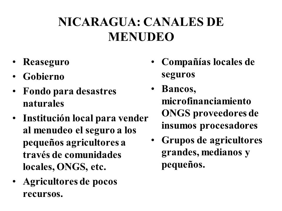 NICARAGUA: CANALES DE MENUDEO Reaseguro Gobierno Fondo para desastres naturales Institución local para vender al menudeo el seguro a los pequeños agricultores a través de comunidades locales, ONGS, etc.