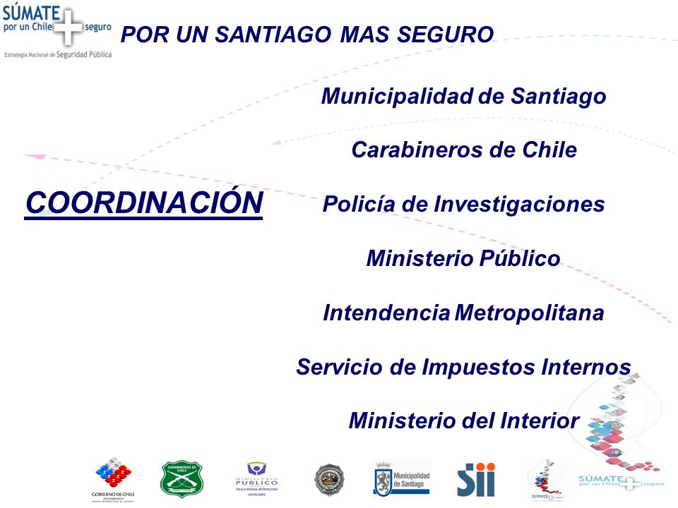 Municipalidad de Santiago Carabineros de Chile Policía de Investigaciones Ministerio Público Intendencia Metropolitana Servicio de Impuestos Internos Ministerio del Interior COORDINACIÓN