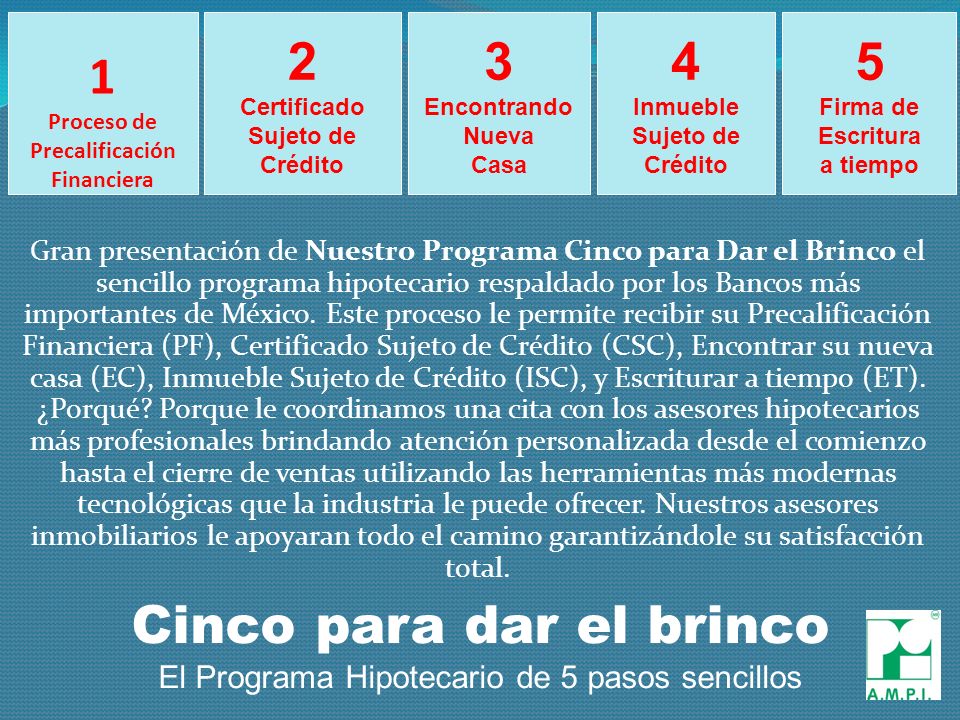 1 Proceso de Precalificación Financiera Gran presentación de Nuestro Programa Cinco para Dar el Brinco el sencillo programa hipotecario respaldado por los Bancos más importantes de México.