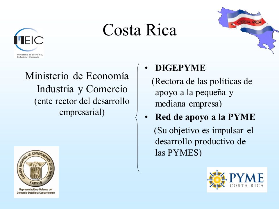 Costa Rica Ministerio de Economía Industria y Comercio (ente rector del desarrollo empresarial) DIGEPYME (Rectora de las políticas de apoyo a la pequeña y mediana empresa) Red de apoyo a la PYME (Su objetivo es impulsar el desarrollo productivo de las PYMES)