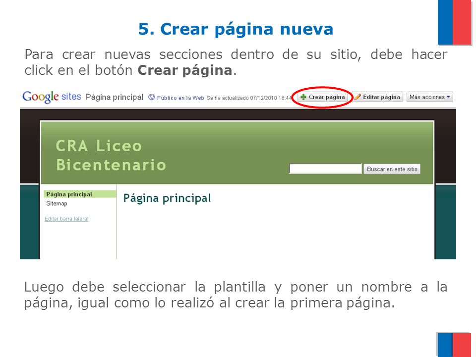 Para crear nuevas secciones dentro de su sitio, debe hacer click en el botón Crear página.