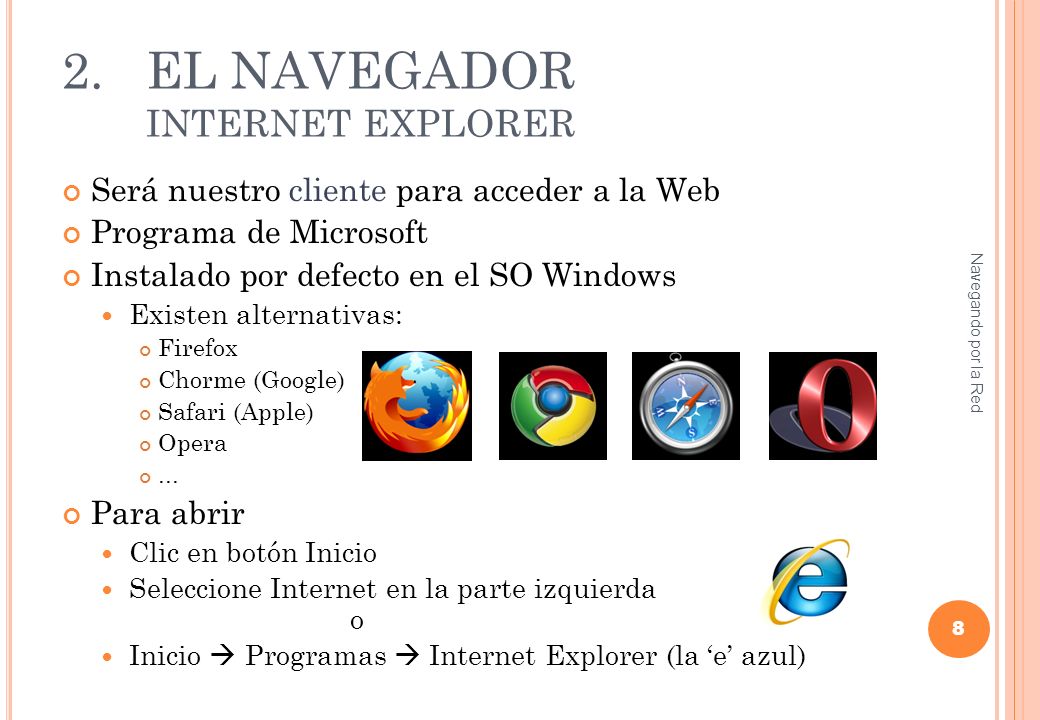 2.EL NAVEGADOR INTERNET EXPLORER Será nuestro cliente para acceder a la Web Programa de Microsoft Instalado por defecto en el SO Windows Existen alternativas: Firefox Chorme (Google) Safari (Apple) Opera...