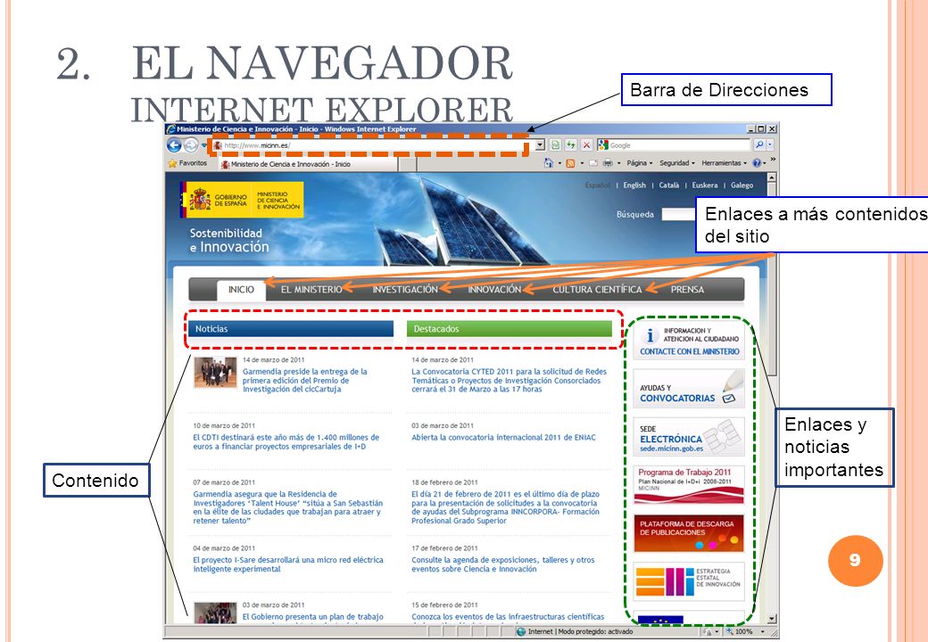 2.EL NAVEGADOR INTERNET EXPLORER 9 Barra de Direcciones Enlaces a más contenidos del sitio Contenido Enlaces y noticias importantes