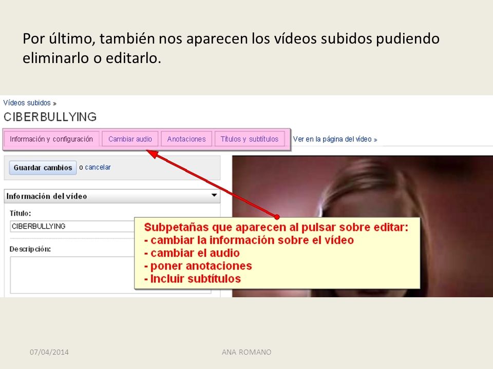 Por último, también nos aparecen los vídeos subidos pudiendo eliminarlo o editarlo.