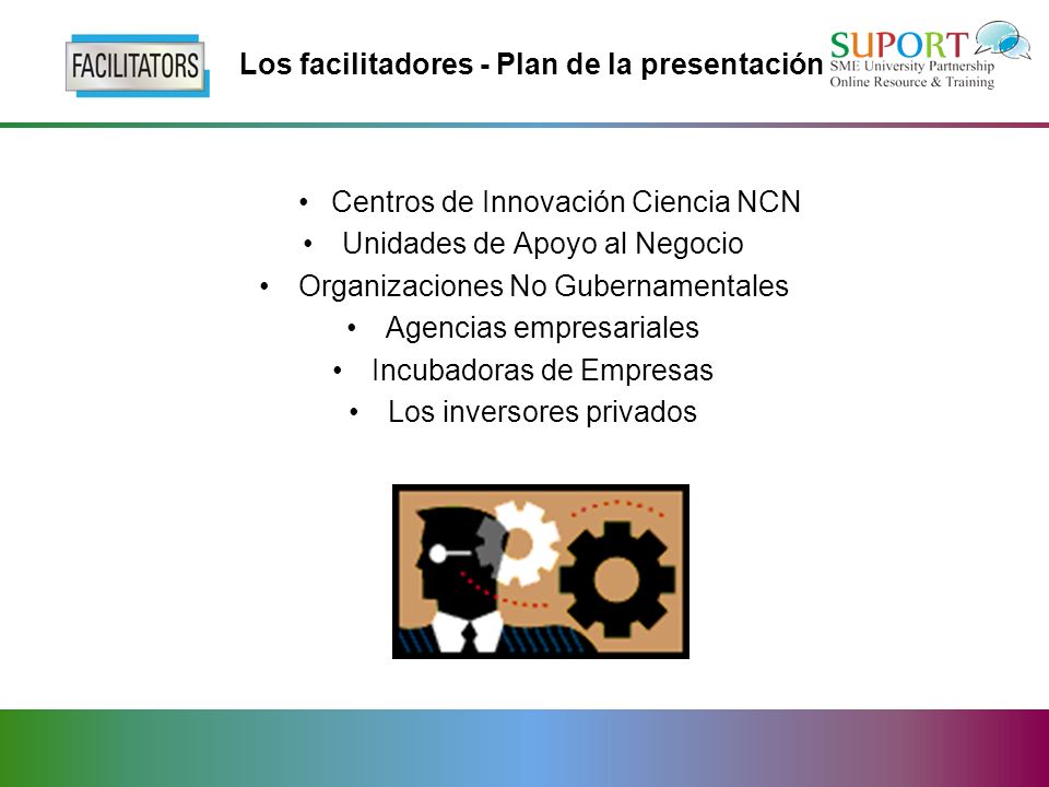 Los facilitadores - Plan de la presentación Centros de Innovación Ciencia NCN Unidades de Apoyo al Negocio Organizaciones No Gubernamentales Agencias empresariales Incubadoras de Empresas Los inversores privados
