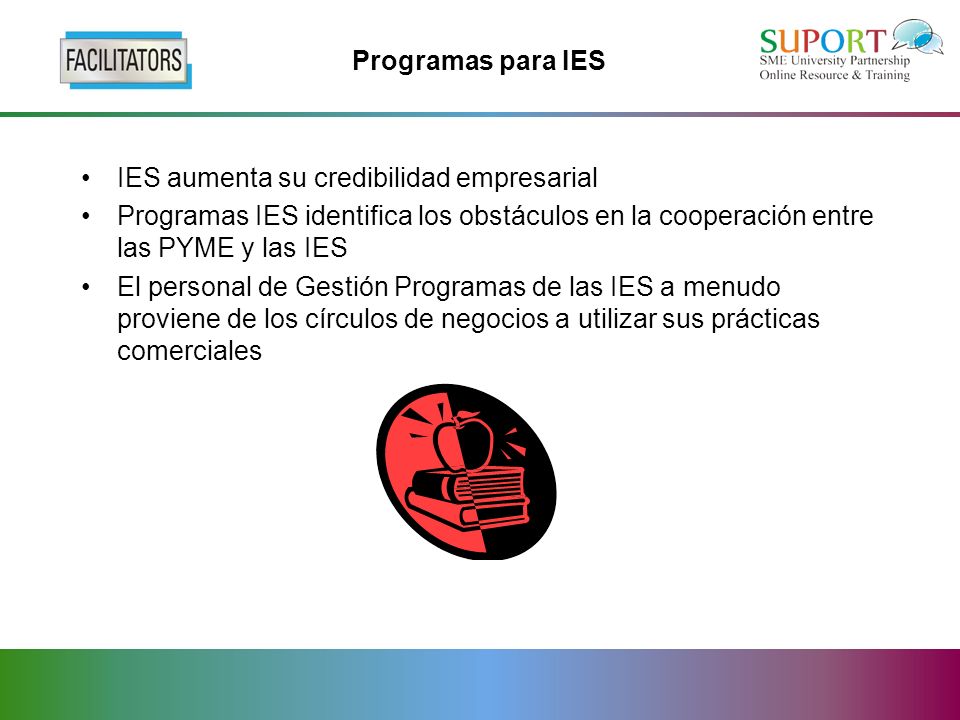 Programas para IES IES aumenta su credibilidad empresarial Programas IES identifica los obstáculos en la cooperación entre las PYME y las IES El personal de Gestión Programas de las IES a menudo proviene de los círculos de negocios a utilizar sus prácticas comerciales