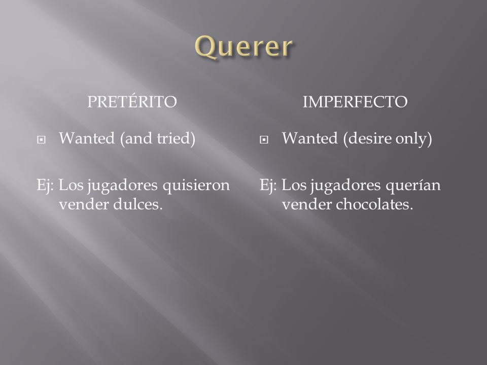 PRETÉRITOIMPERFECTO Wanted (and tried) Ej: Los jugadores quisieron vender dulces.