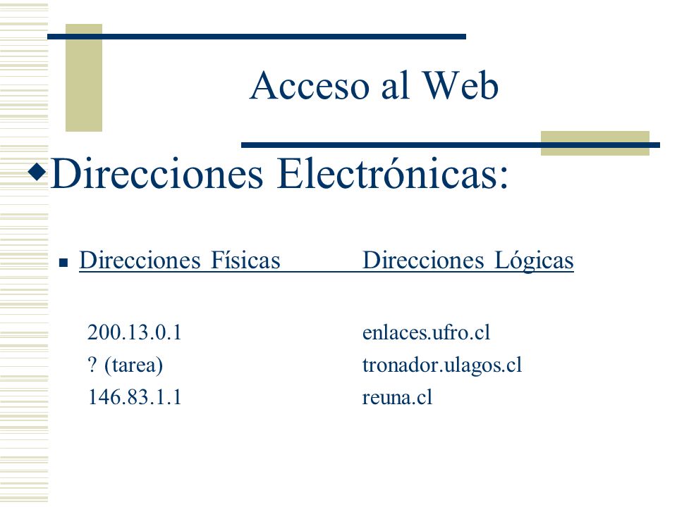 Acceso al Web Direcciones Electrónicas: Direcciones FísicasDirecciones Lógicas enlaces.ufro.cl (tarea)tronador.ulagos.cl reuna.cl