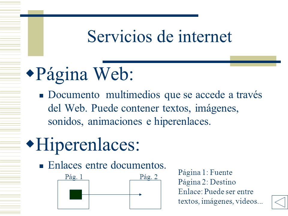 Servicios de internet Página Web: Documento multimedios que se accede a través del Web.