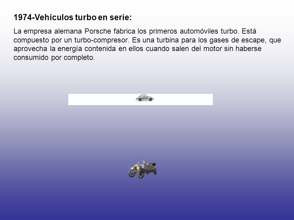 1974-Vehículos turbo en serie: La empresa alemana Porsche fabrica los primeros automóviles turbo.