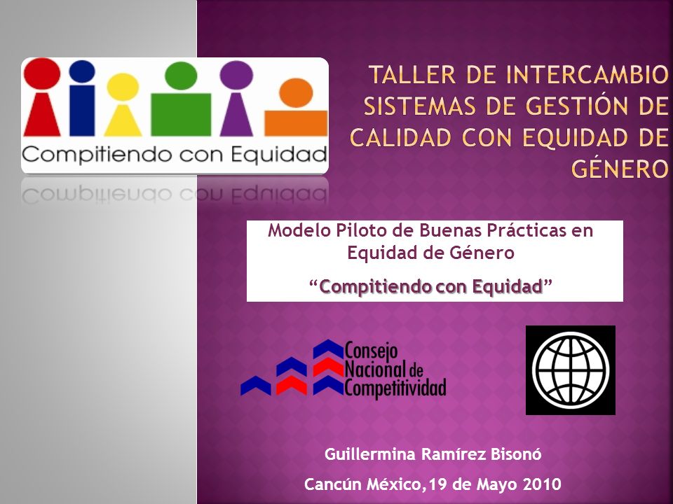 Modelo Piloto de Buenas Prácticas en Equidad de Género Compitiendo con EquidadCompitiendo con Equidad Guillermina Ramírez Bisonó Cancún México,19 de Mayo 2010