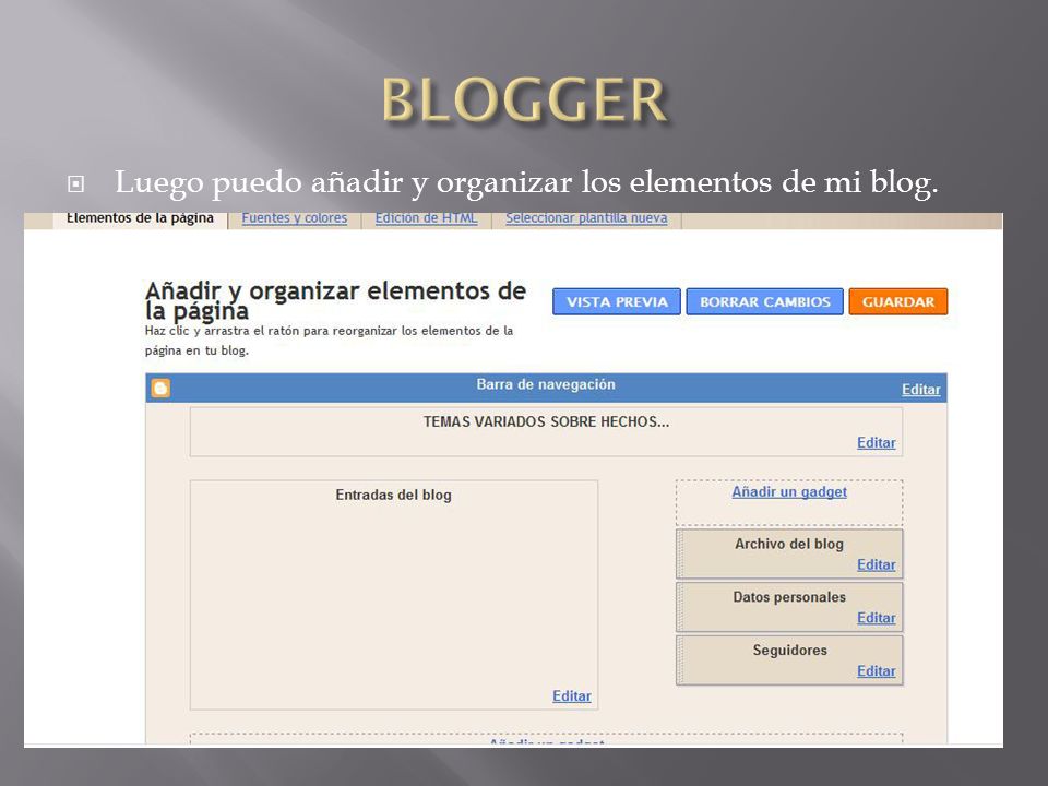 Luego puedo añadir y organizar los elementos de mi blog.