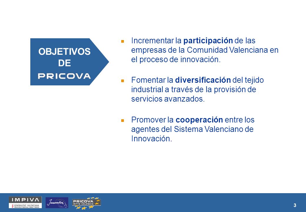 3 OBJETIVOS DE Incrementar la participación de las empresas de la Comunidad Valenciana en el proceso de innovación.