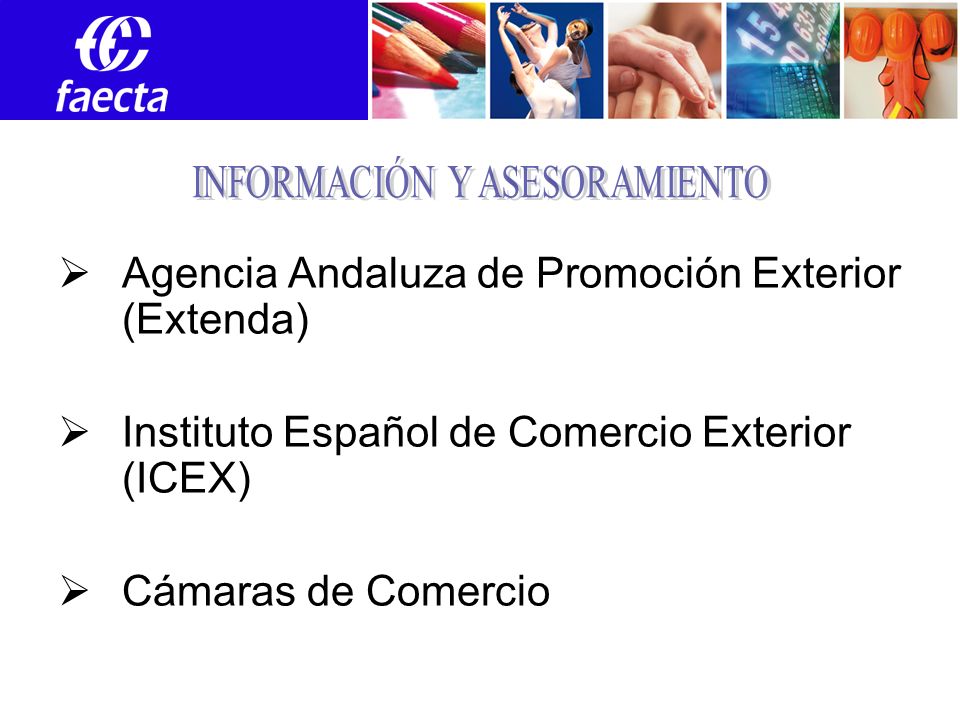 Agencia Andaluza de Promoción Exterior (Extenda) Instituto Español de Comercio Exterior (ICEX) Cámaras de Comercio