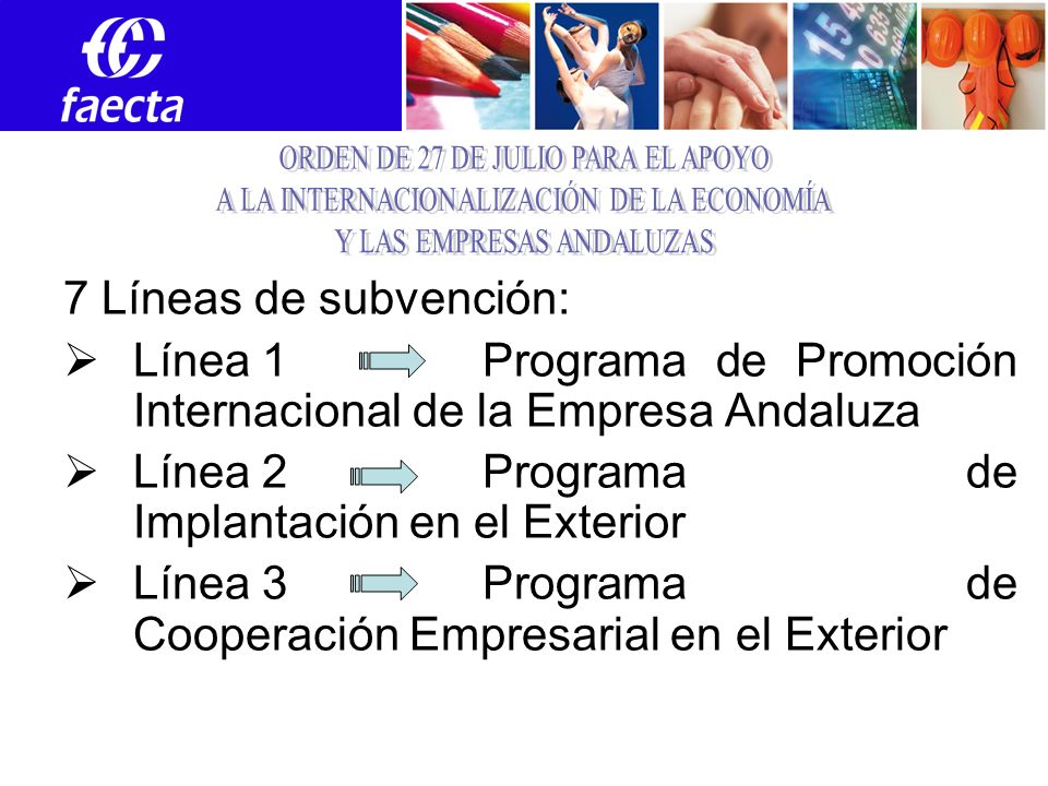 7 Líneas de subvención: Línea 1 Programa de Promoción Internacional de la Empresa Andaluza Línea 2Programa de Implantación en el Exterior Línea 3Programa de Cooperación Empresarial en el Exterior