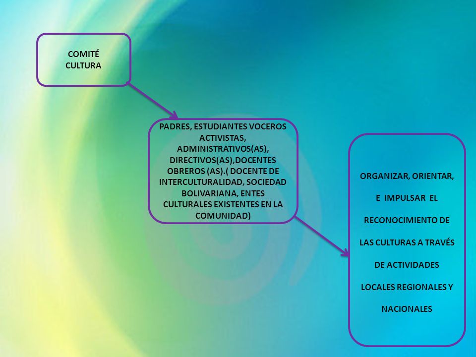COMITÉ CULTURA PADRES, ESTUDIANTES VOCEROS ACTIVISTAS, ADMINISTRATIVOS(AS), DIRECTIVOS(AS),DOCENTES OBREROS (AS).( DOCENTE DE INTERCULTURALIDAD, SOCIEDAD BOLIVARIANA, ENTES CULTURALES EXISTENTES EN LA COMUNIDAD) ORGANIZAR, ORIENTAR, E IMPULSAR EL RECONOCIMIENTO DE LAS CULTURAS A TRAVÉS DE ACTIVIDADES LOCALES REGIONALES Y NACIONALES