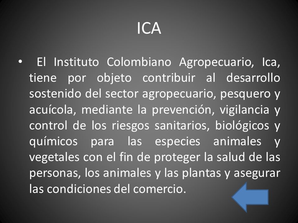 ICA El Instituto Colombiano Agropecuario, Ica, tiene por objeto contribuir al desarrollo sostenido del sector agropecuario, pesquero y acuícola, mediante la prevención, vigilancia y control de los riesgos sanitarios, biológicos y químicos para las especies animales y vegetales con el fin de proteger la salud de las personas, los animales y las plantas y asegurar las condiciones del comercio.