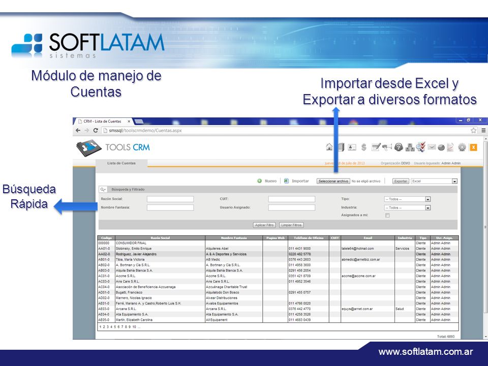 BúsquedaRápida Importar desde Excel y Exportar a diversos formatos Módulo de manejo de Cuentas