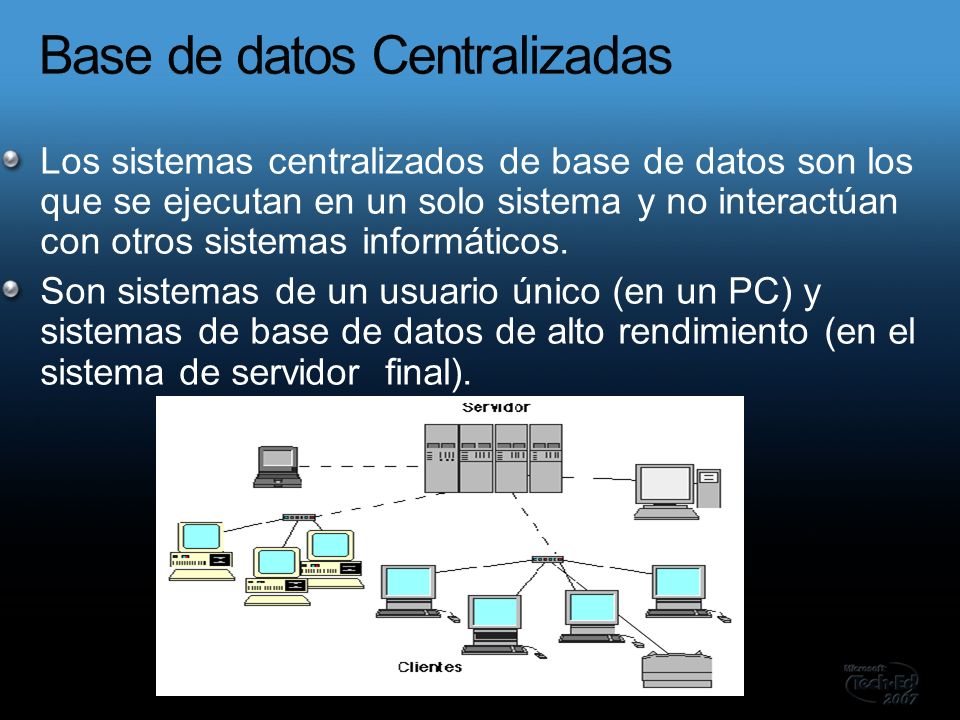 Los sistemas centralizados de base de datos son los que se ejecutan en un solo sistema y no interactúan con otros sistemas informáticos.