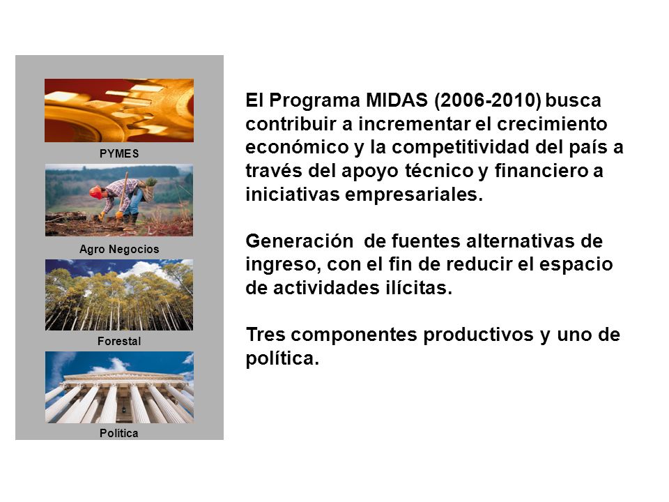 El Programa MIDAS ( ) busca contribuir a incrementar el crecimiento económico y la competitividad del país a través del apoyo técnico y financiero a iniciativas empresariales.