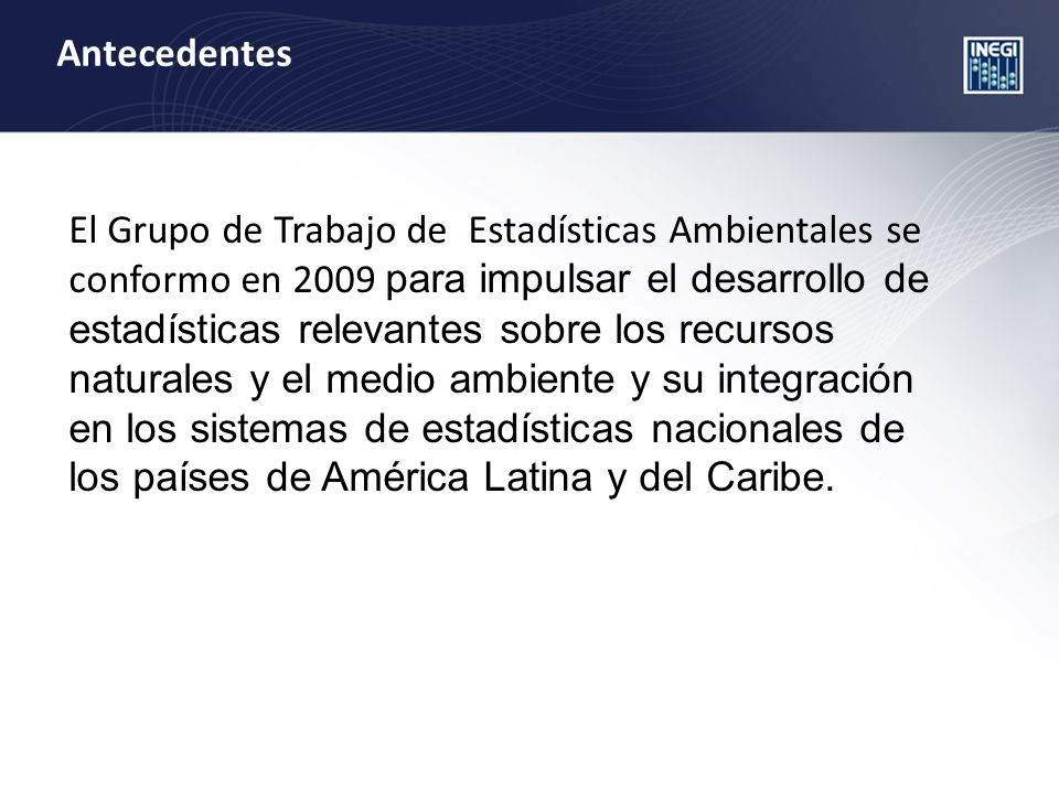 El Grupo de Trabajo de Estadísticas Ambientales se conformo en 2009 para impulsar el desarrollo de estadísticas relevantes sobre los recursos naturales y el medio ambiente y su integración en los sistemas de estadísticas nacionales de los países de América Latina y del Caribe.
