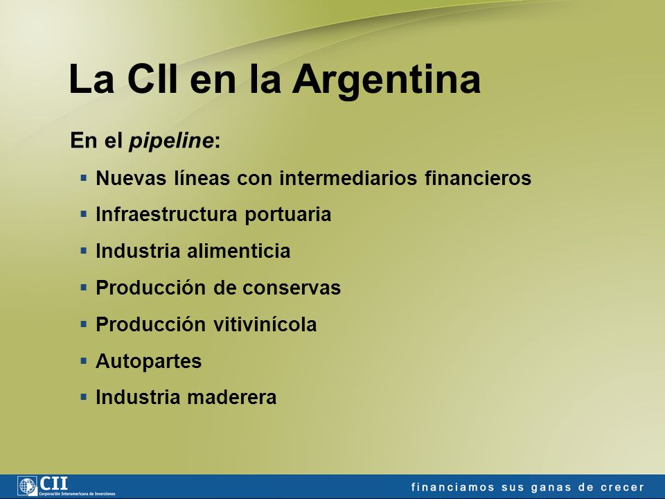 La CII en la Argentina 33 proyectos directos por un total de U$S200 millones Algunos proyectos recientes: Garantizar S.G.R.