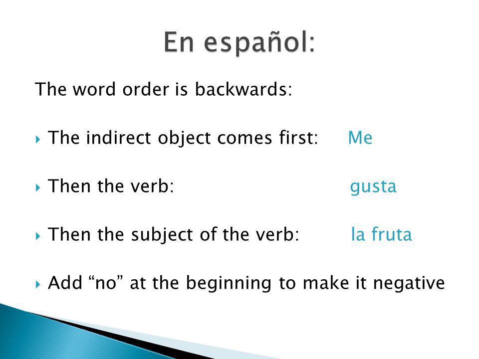 The word order is backwards: The indirect object comes first: Me Then the verb: gusta Then the subject of the verb: la fruta Add no at the beginning to make it negative