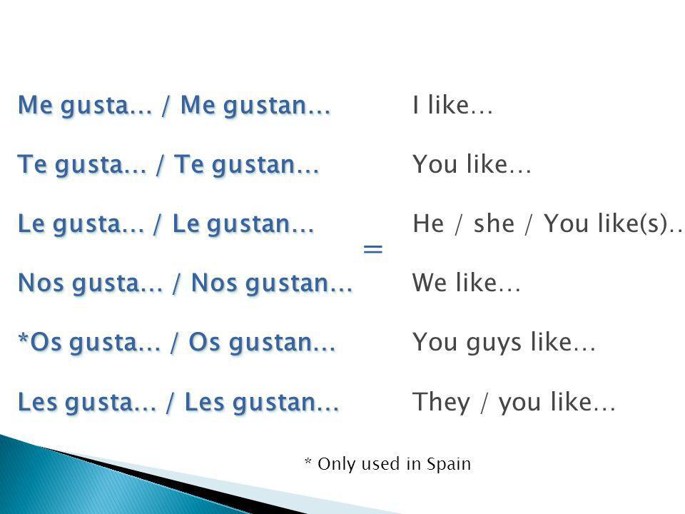I like… You like… He / she / You like(s)… We like… You guys like… They / you like… Me gusta… / Me gustan… Te gusta… / Te gustan… Le gusta… / Le gustan… Nos gusta… / Nos gustan… *Os gusta… / Os gustan… Les gusta… / Les gustan… Me gusta… / Me gustan… Te gusta… / Te gustan… Le gusta… / Le gustan… Nos gusta… / Nos gustan… *Os gusta… / Os gustan… Les gusta… / Les gustan… = * Only used in Spain