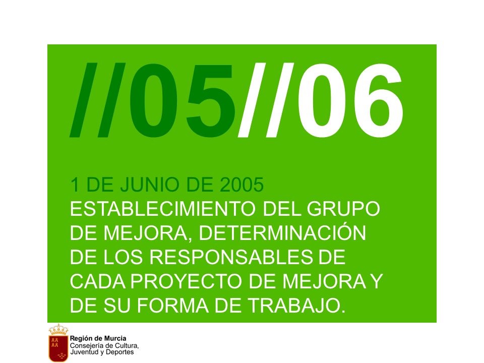 //05//06 1 DE JUNIO DE 2005 ESTABLECIMIENTO DEL GRUPO DE MEJORA, DETERMINACIÓN DE LOS RESPONSABLES DE CADA PROYECTO DE MEJORA Y DE SU FORMA DE TRABAJO.