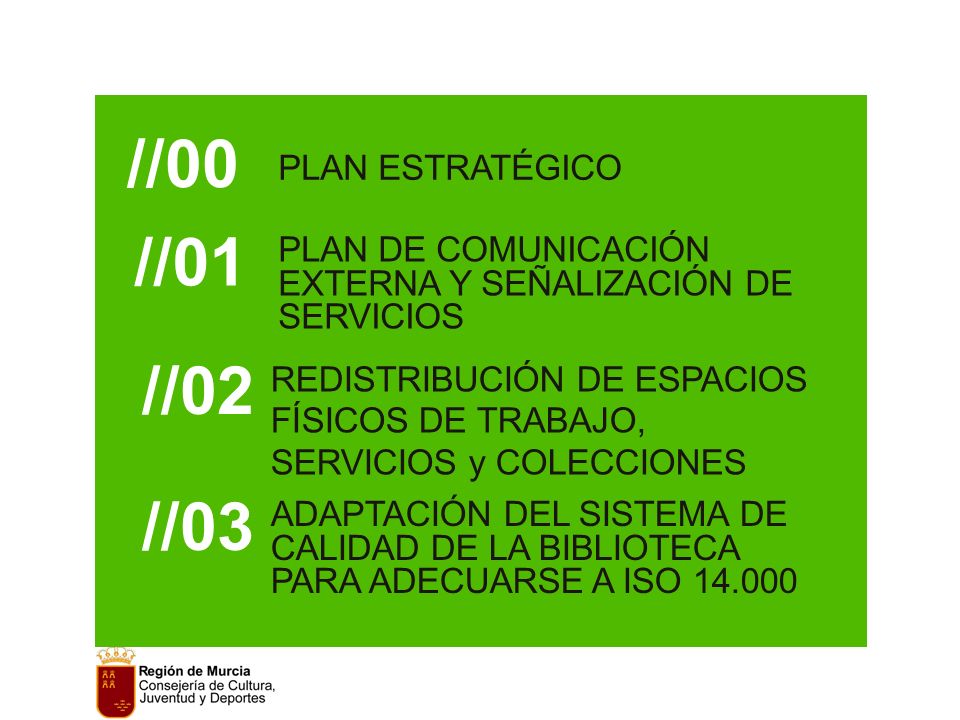 PLAN ESTRATÉGICO //00 //01 //02 PLAN DE COMUNICACIÓN EXTERNA Y SEÑALIZACIÓN DE SERVICIOS //03 REDISTRIBUCIÓN DE ESPACIOS FÍSICOS DE TRABAJO, SERVICIOS y COLECCIONES ADAPTACIÓN DEL SISTEMA DE CALIDAD DE LA BIBLIOTECA PARA ADECUARSE A ISO
