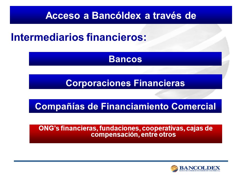 Acceso a Bancóldex a través de Bancos Corporaciones Financieras Compañías de Financiamiento Comercial ONGs financieras, fundaciones, cooperativas, cajas de compensación, entre otros Intermediarios financieros: