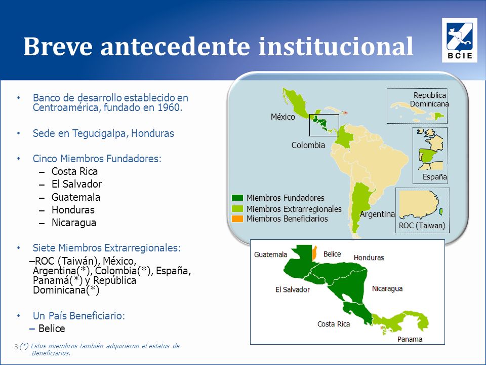 Breve antecedente institucional 3 Banco de desarrollo establecido en Centroamérica, fundado en 1960.