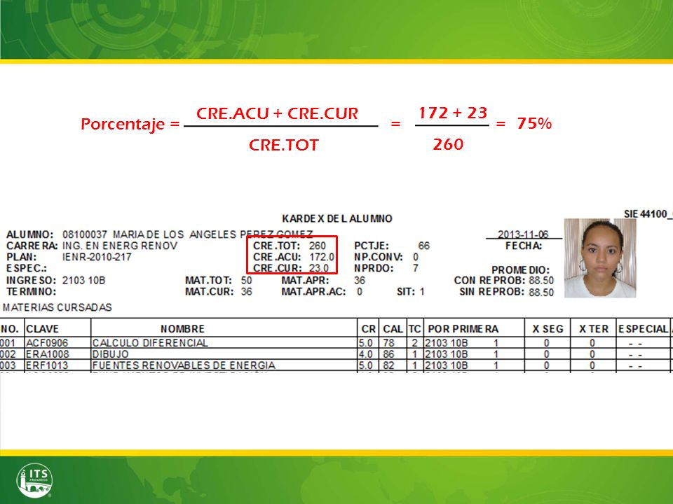 CRE.ACU + CRE.CUR Porcentaje = CRE.TOT = 75% =