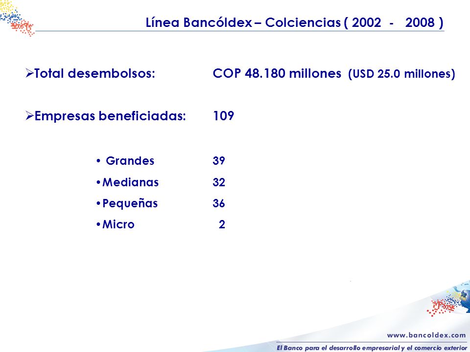 Línea Bancóldex – Colciencias ( ) Total desembolsos:COP millones (USD 25.0 millones) Empresas beneficiadas:109 Grandes39 Medianas32 Pequeñas36 Micro 2