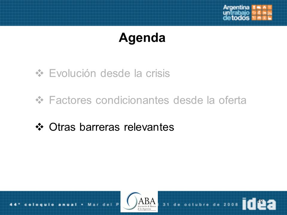 19 Agenda Evolución desde la crisis Factores condicionantes desde la oferta Otras barreras relevantes