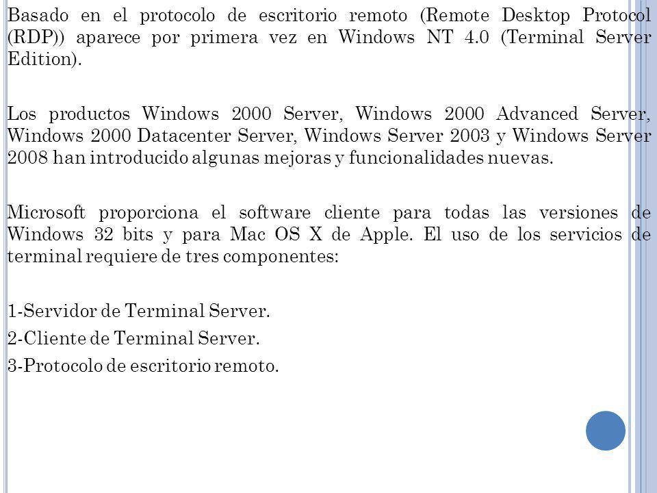 Basado en el protocolo de escritorio remoto (Remote Desktop Protocol (RDP)) aparece por primera vez en Windows NT 4.0 (Terminal Server Edition).