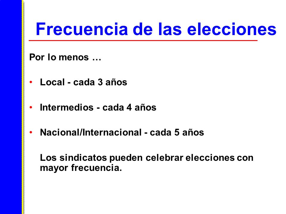 Frecuencia de las elecciones Por lo menos … Local - cada 3 años Intermedios - cada 4 años Nacional/Internacional - cada 5 años Los sindicatos pueden celebrar elecciones con mayor frecuencia.