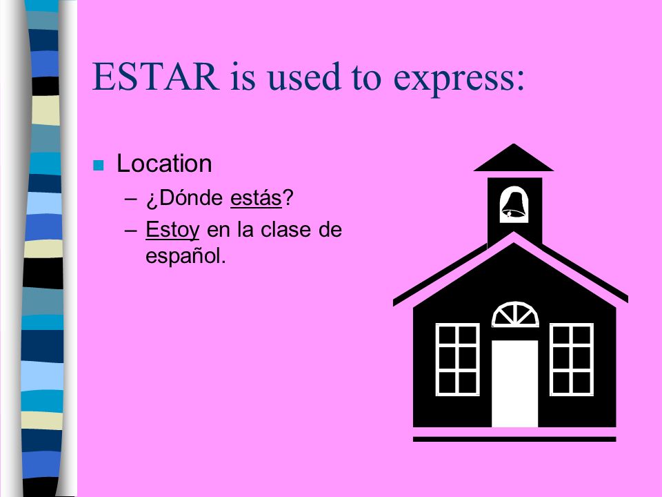 ESTAR is used to express: n Location –¿Dónde estás –Estoy en la clase de español.