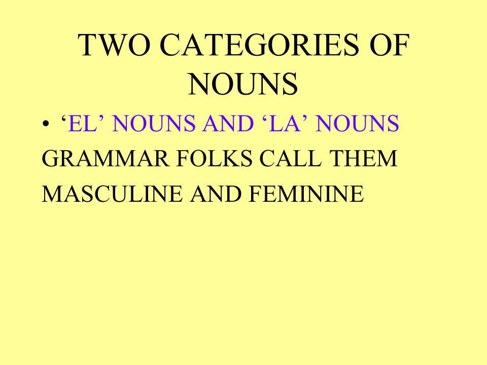 TWO CATEGORIES OF NOUNS EL NOUNS AND LA NOUNS GRAMMAR FOLKS CALL THEM MASCULINE AND FEMININE