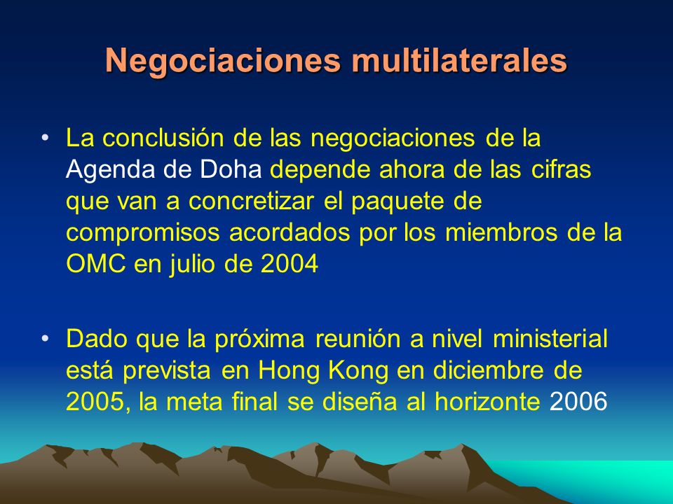 Negociaciones multilaterales La conclusión de las negociaciones de la Agenda de Doha depende ahora de las cifras que van a concretizar el paquete de compromisos acordados por los miembros de la OMC en julio de 2004 Dado que la próxima reunión a nivel ministerial está prevista en Hong Kong en diciembre de 2005, la meta final se diseña al horizonte 2006